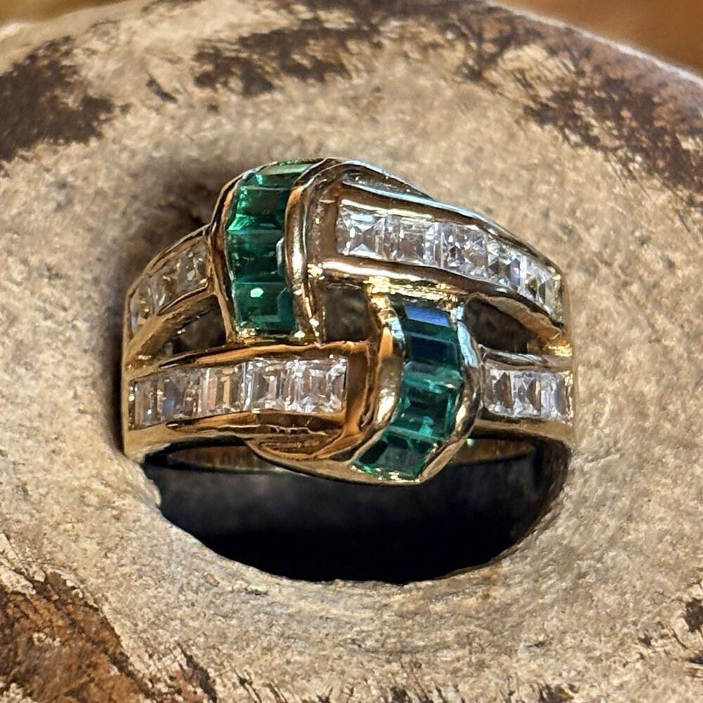 Gold Vermeil over Sterling Silver Green and Clear CZ Ring Size 6 Vintage
